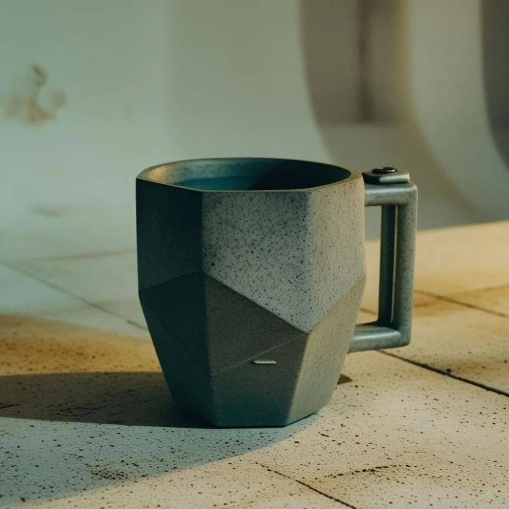  Brutalist ceramic mug with concrete texture and flat rectangular handle, rough surface, dramatic lighting 