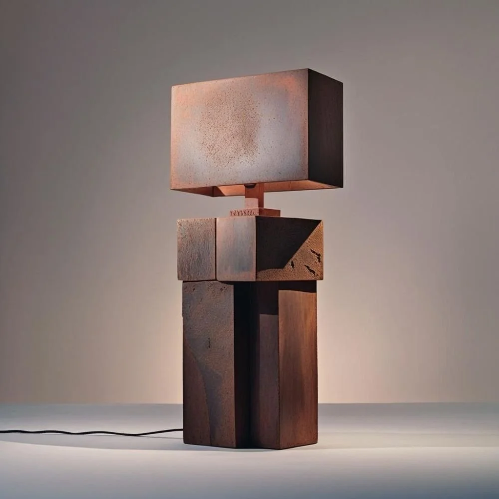  Brutalist ceramic lamp with concrete texture and flat rectangular handle, rough surface, dramatic lighting 