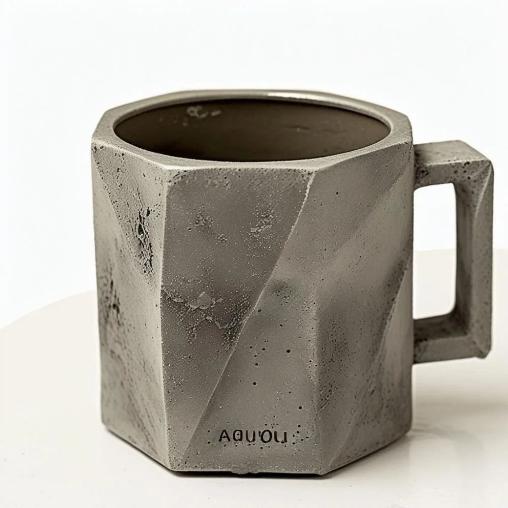  Brutalist ceramic mug with concrete texture and flat rectangular handle, rough surface, dramatic lighting 