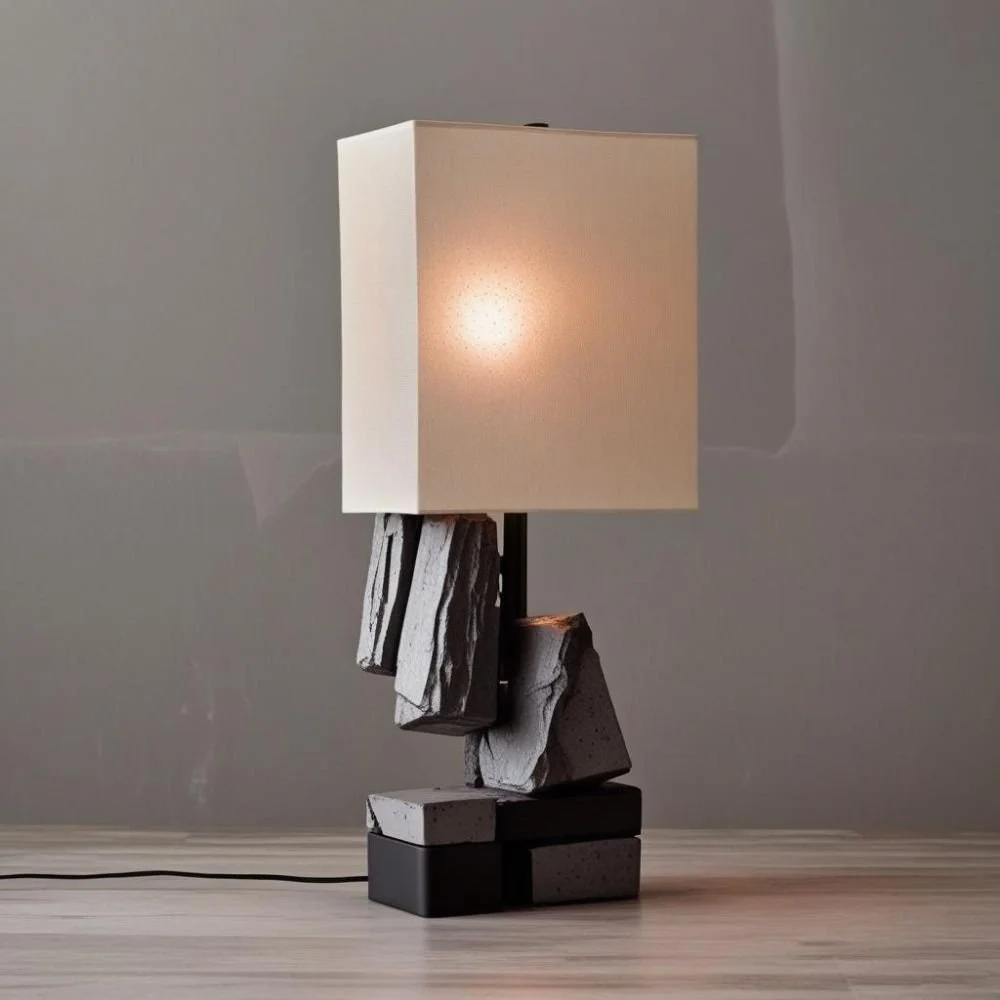  Brutalist ceramic lamp with concrete texture and flat rectangular handle, rough surface, dramatic lighting 
