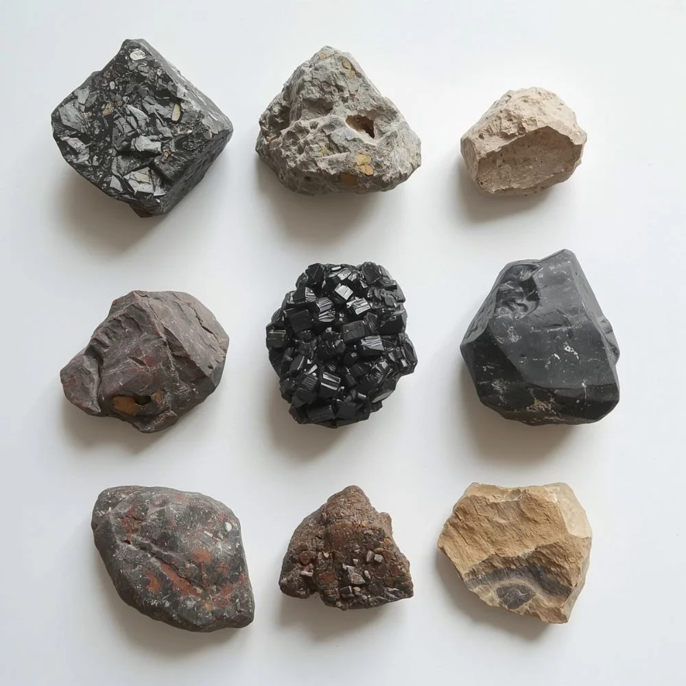  A collection of geological specimens arranged on a white surface — granite, obsidian, sandstone 