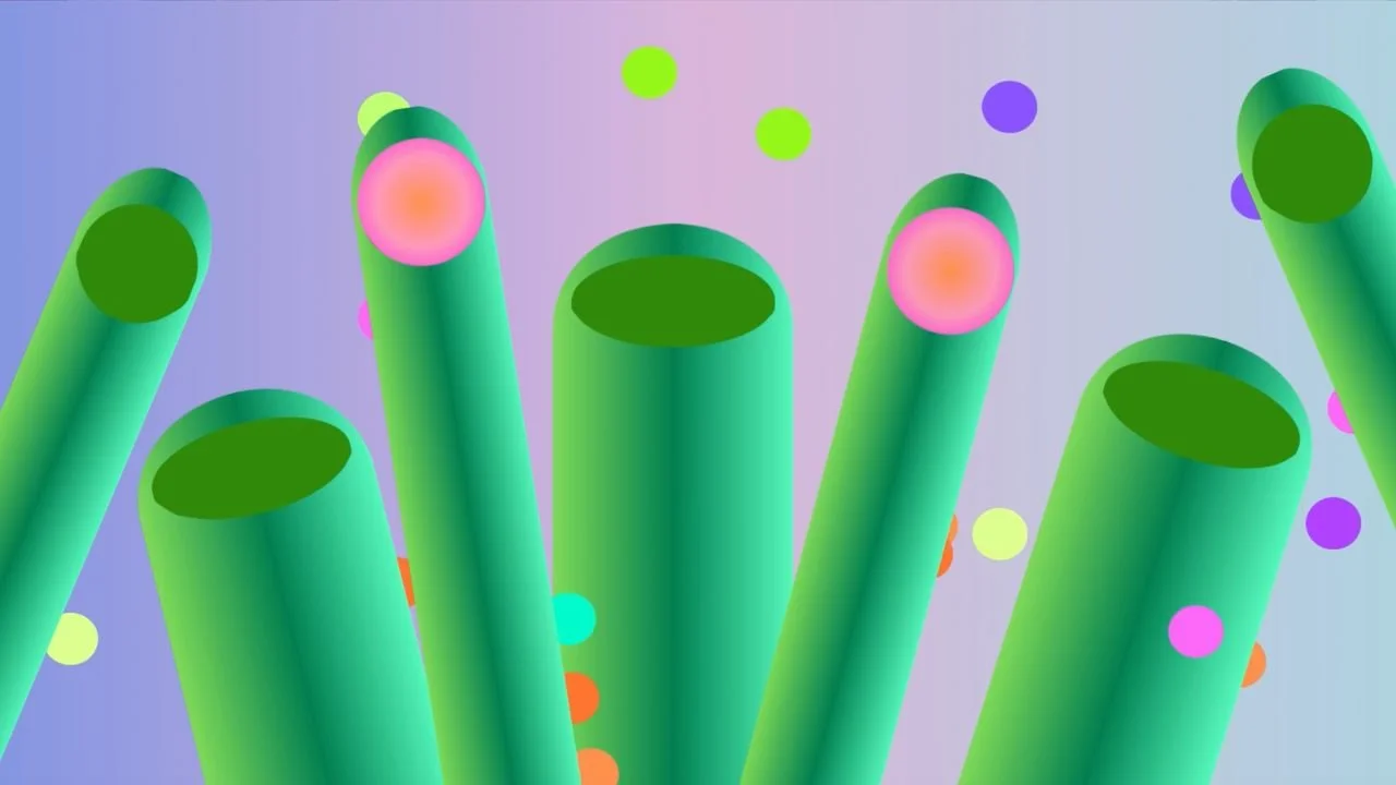  A still from Spoorcloud, an animation by Lantana Starr featuring saturated plant forms against a flat dreamscape background. 