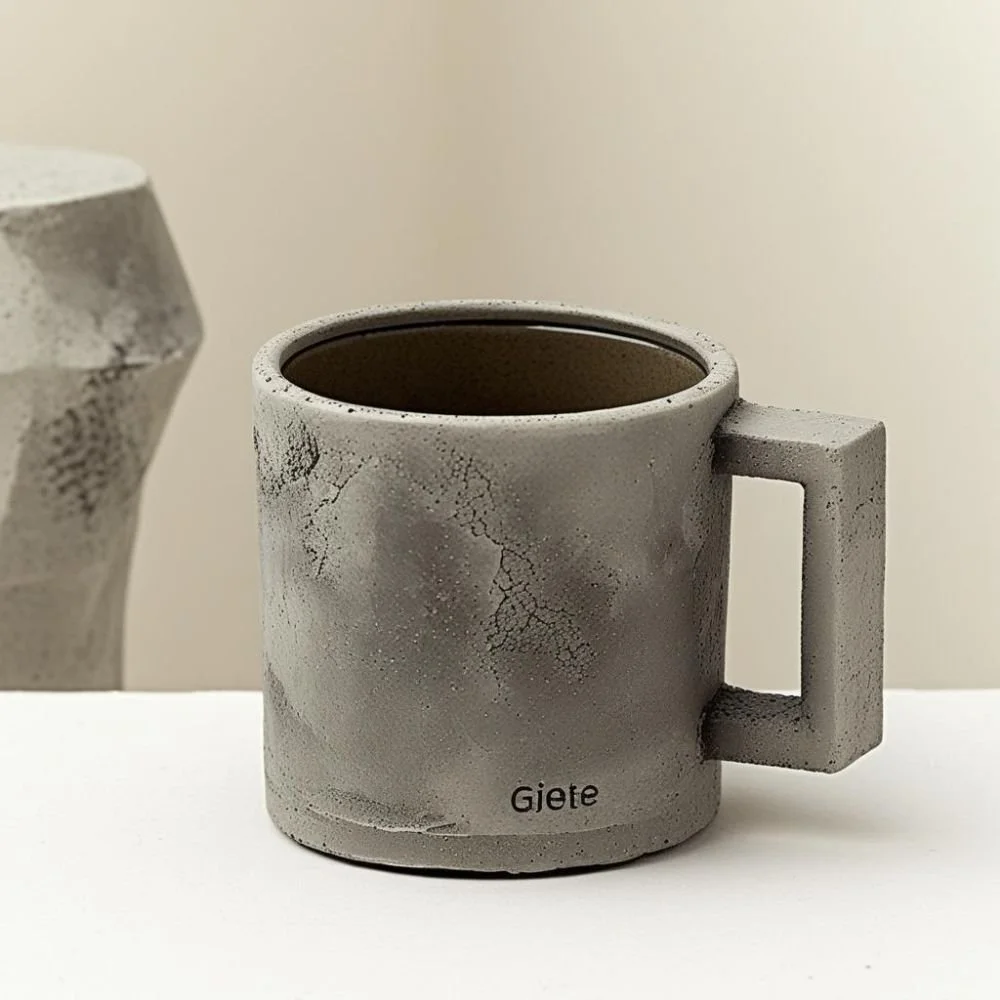  Brutalist ceramic mug with concrete texture and flat rectangular handle, rough surface, dramatic lighting 