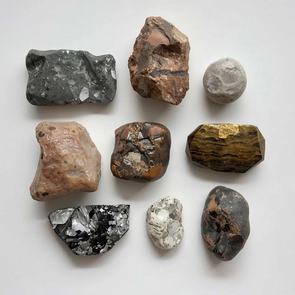  A collection of geological specimens arranged on a white surface — granite, obsidian, sandstone 