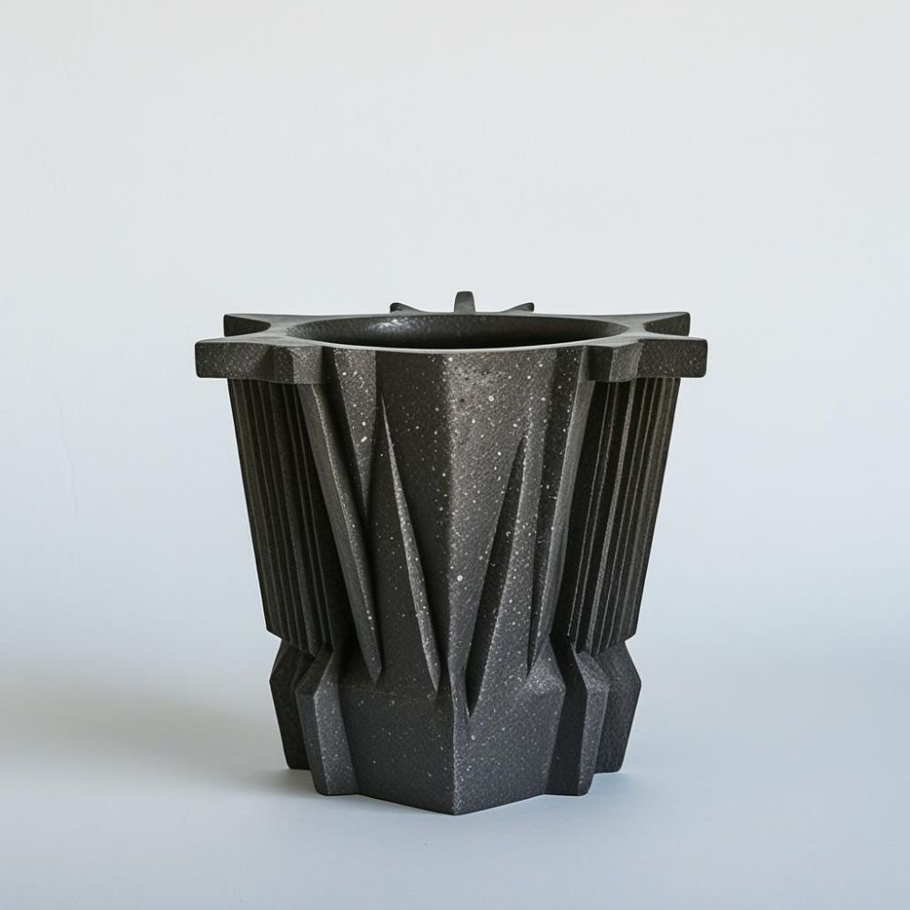  Brutalist ceramic cup with concrete texture and flat rectangular handle, rough surface, dramatic lighting 