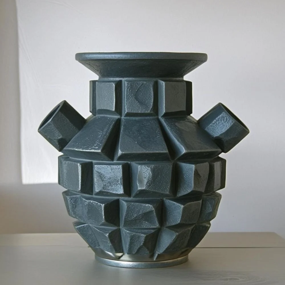  Brutalist ceramic vase with concrete texture and flat rectangular handle, rough surface, dramatic lighting 