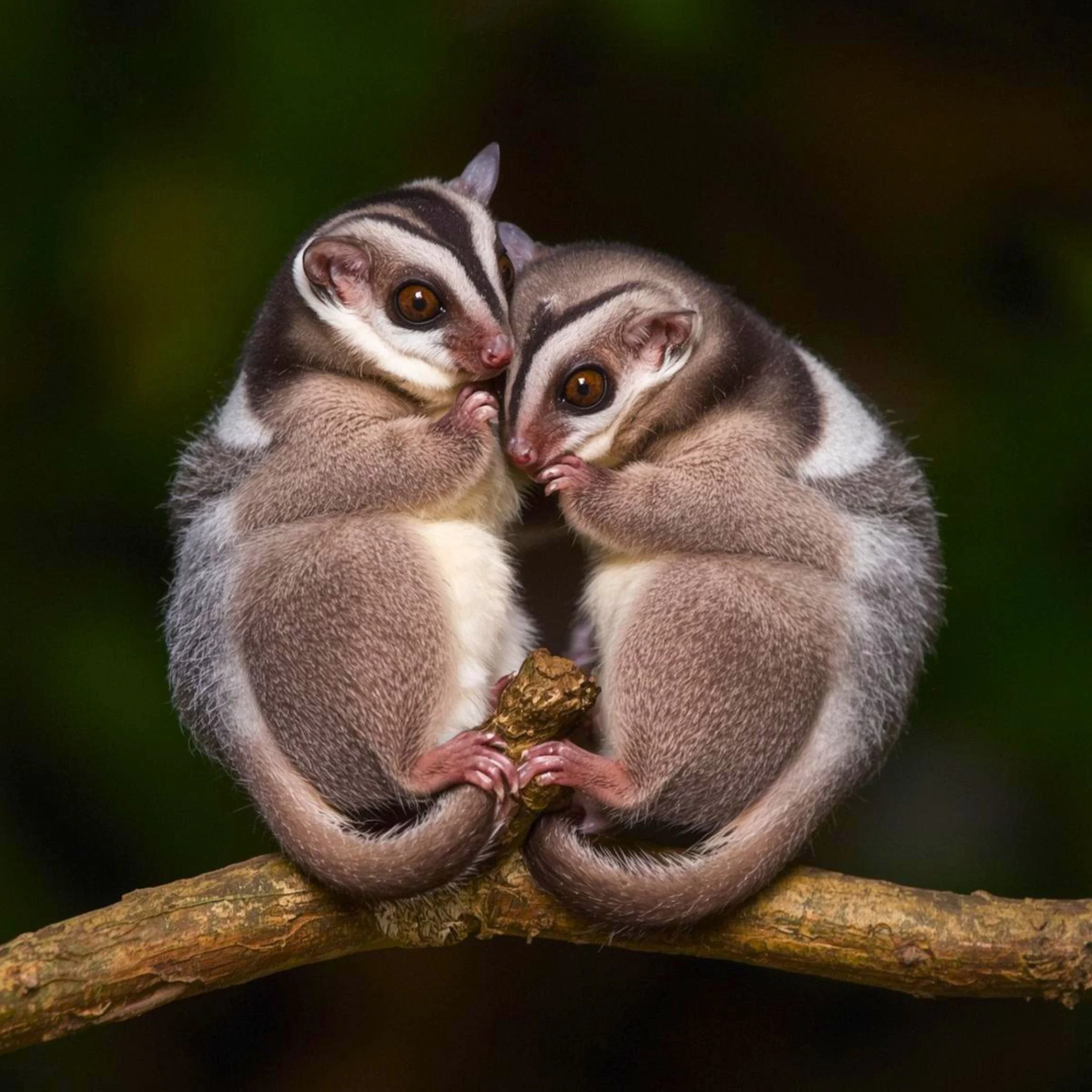Two sugar Gliders leaning together on a tree branch at night