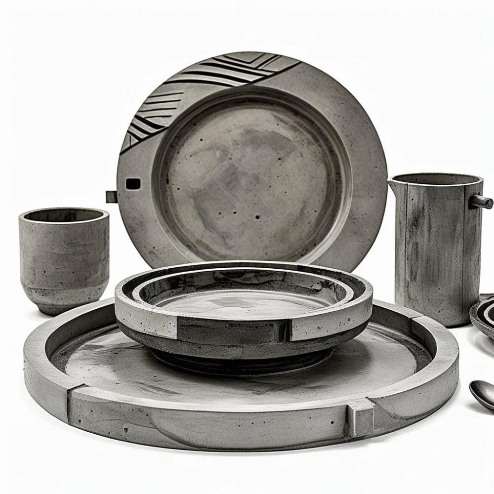  Brutalist ceramic dinner set  with concrete texture and flat rectangular handle, rough surface, dramatic lighting 