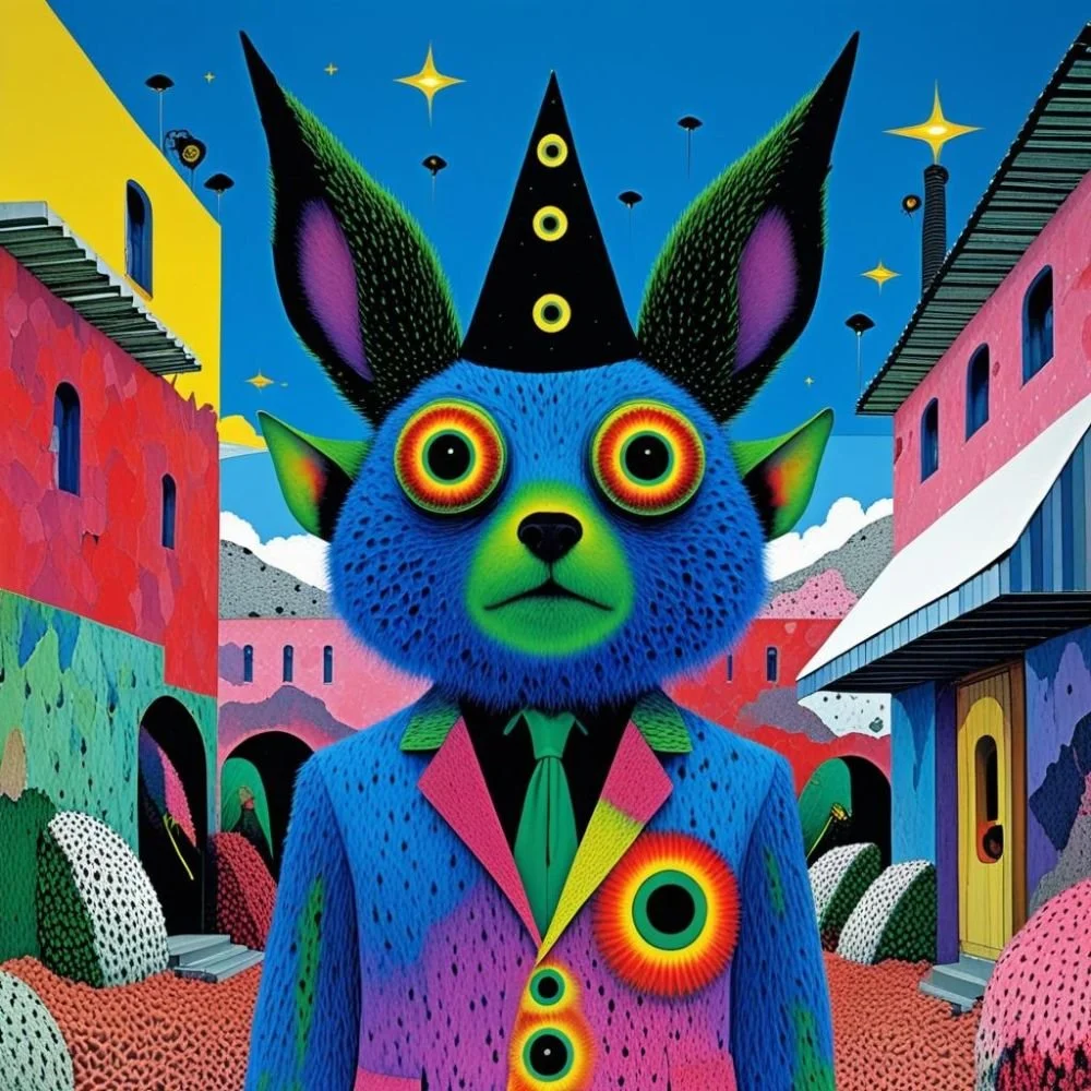 Strange creature with two pointed protrusions on its head, flat multicolored