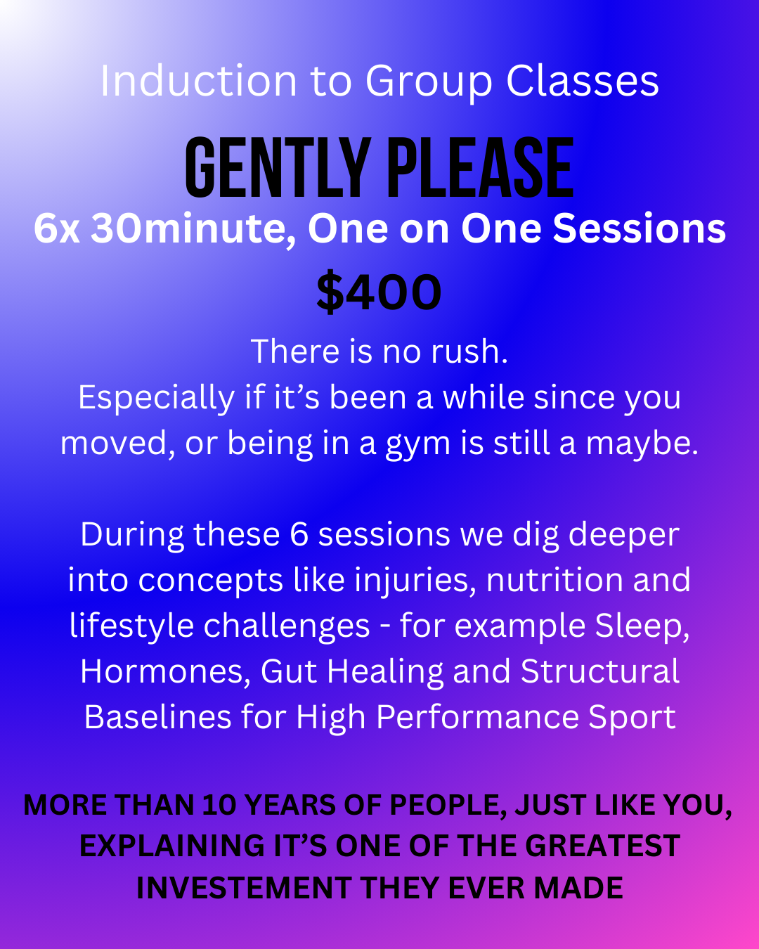 09 Thrive's six-session INDUCTION package for $360, including movement, technique, rehab support, nutrition review, and lifestyle consulting, emphasizing experience and results.