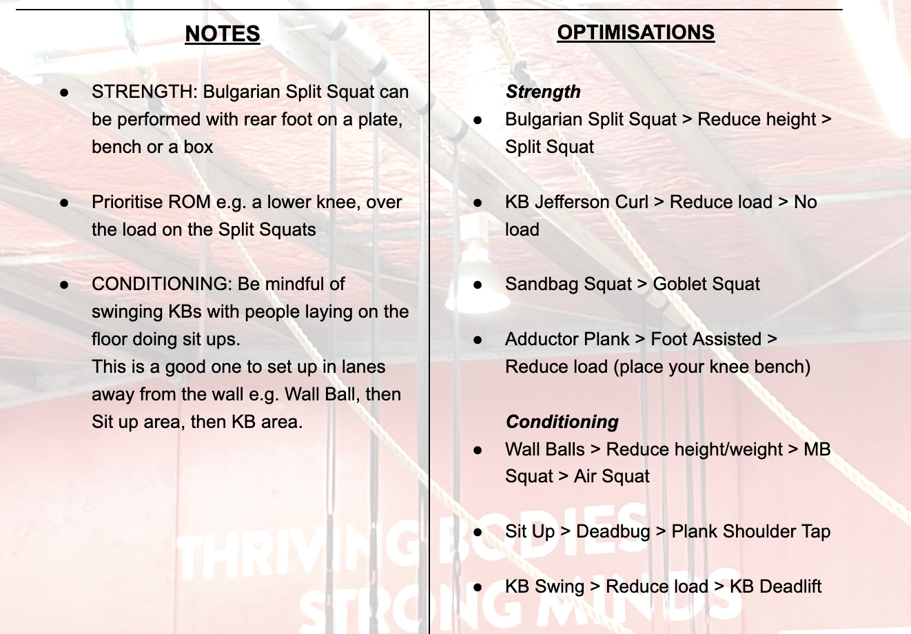 A printed workout plan with notes and optimizations, discussing Bulgarian split squat and various conditioning and strength exercises, with instructions for proper form and modifications.