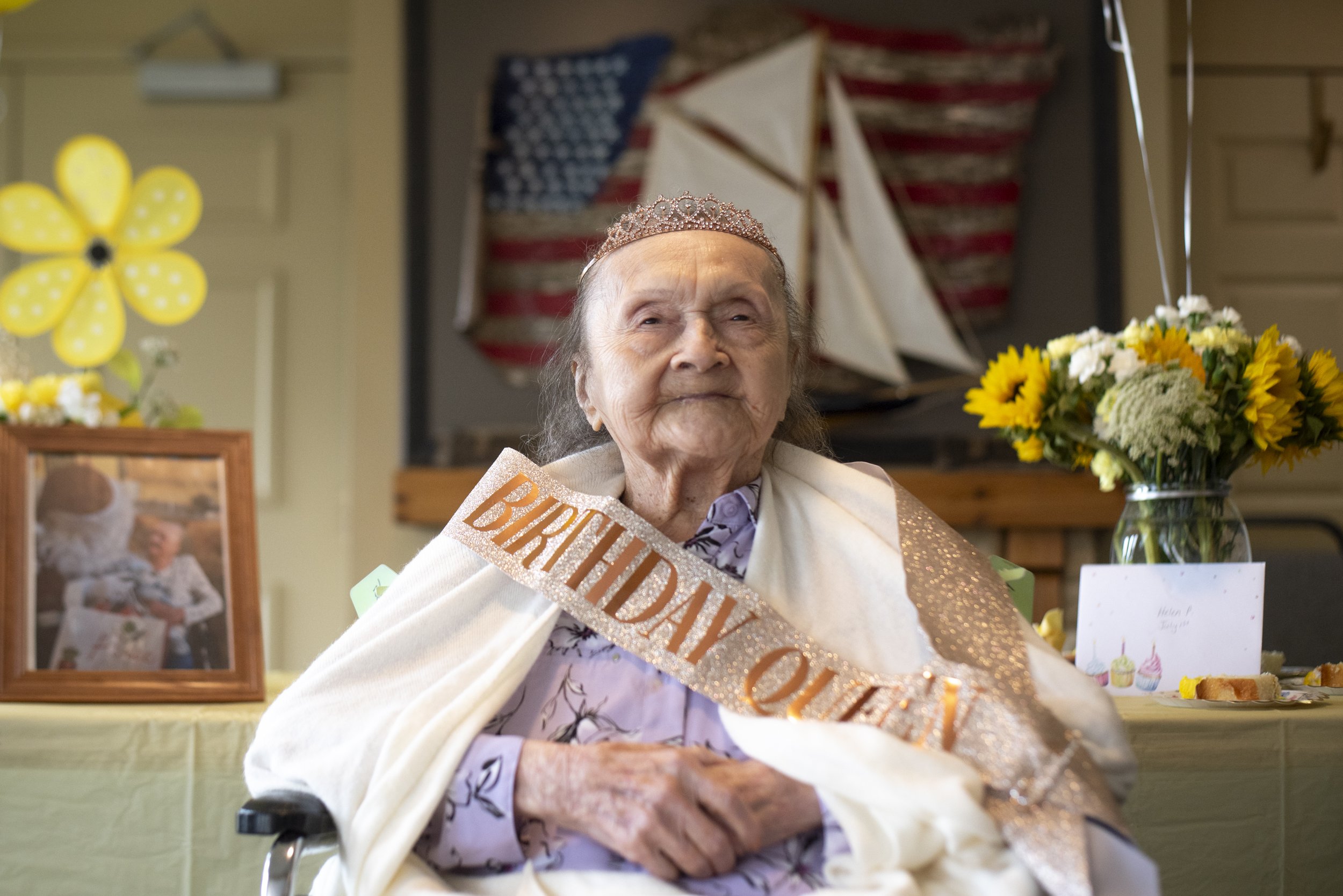 Helen Peavey smiles on her 104th birthday at the St. Francis Rehabilitation and Nursing Center, in Laconia, N.H., on July 1, 2025.  (Daniel Sarch/The Laconia Daily Sun photo) 
