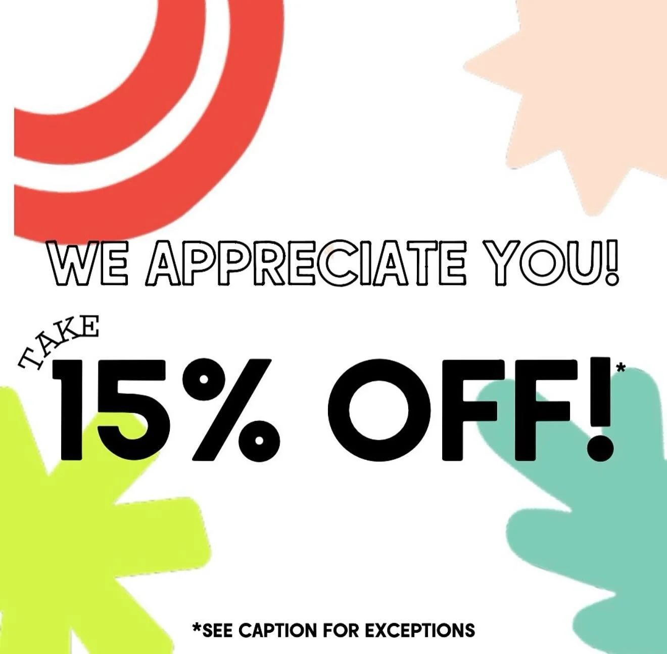 🖤🖤🖤🖤🖤🖤🖤
15% OFF in our online shop continues through Monday!
Get some shopping done from the comfort of your couch.
Use code APPRECIATE at checkout.

*excludes gift certificates, care packages, catering and pre-orders