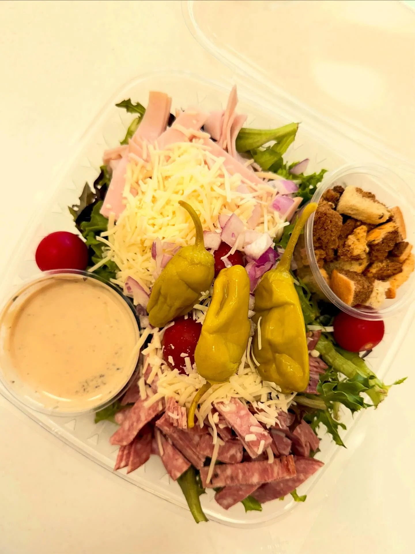 🥗🥗🥗🥗🥗🥗
Y&rsquo;all have been LOVING the return of The Italian Sub Salad!

We get it, it&rsquo;s got the best combo of things! Greens, cherry tomatoes, onions, salami, turkey, garlicky croutons, parm and the BEST creamy Italian vinaigrette (mayb