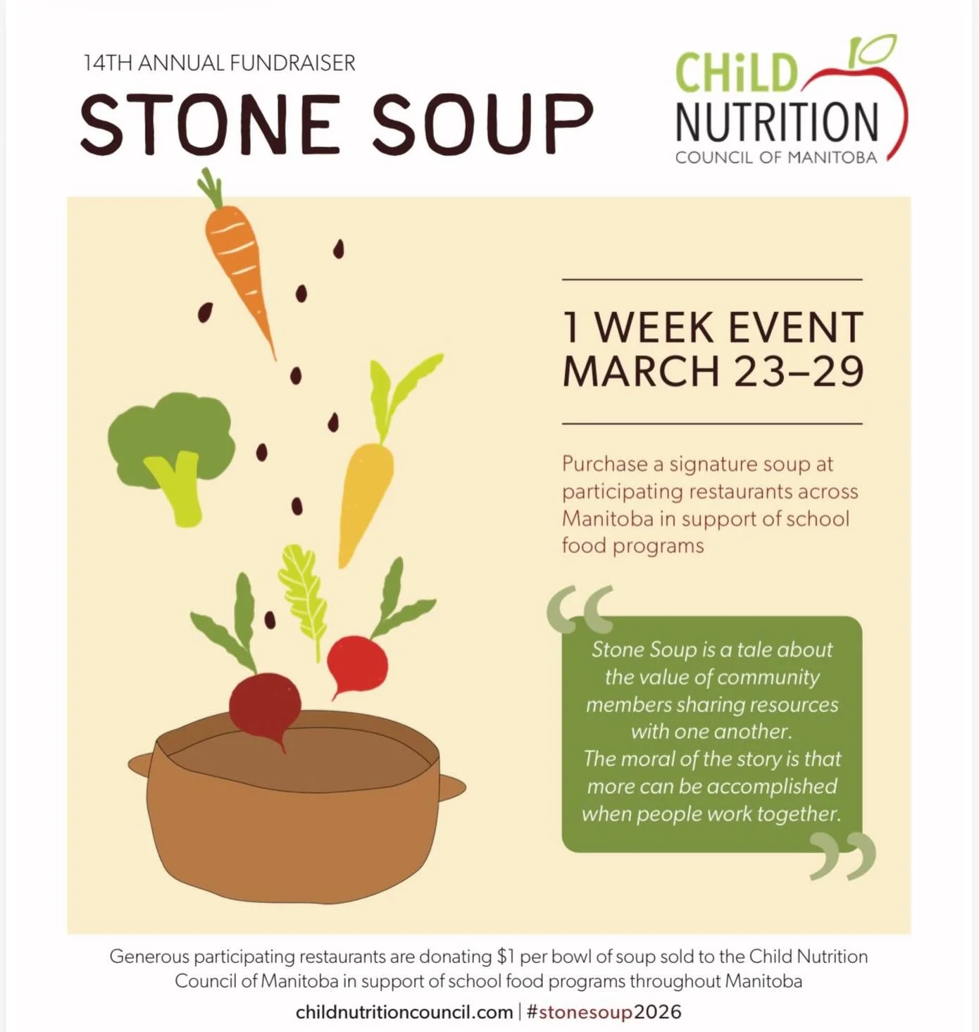 🥣🥣🥣🥣🥣🥣🥣🥣
We are once again participating in @childnutritionmb &lsquo;s STONE SOUP Fundraiser!
All week long $1 from every container of our Lemon Chicken Orzo Soup will be donated to support school food programs across Manitoba.

Come get your