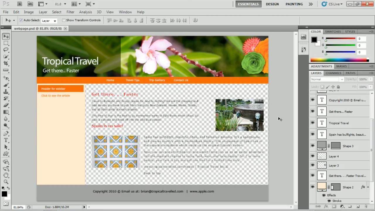 Image of Photoshop software and the the slicing tool as a way to create a webpage in 2010
