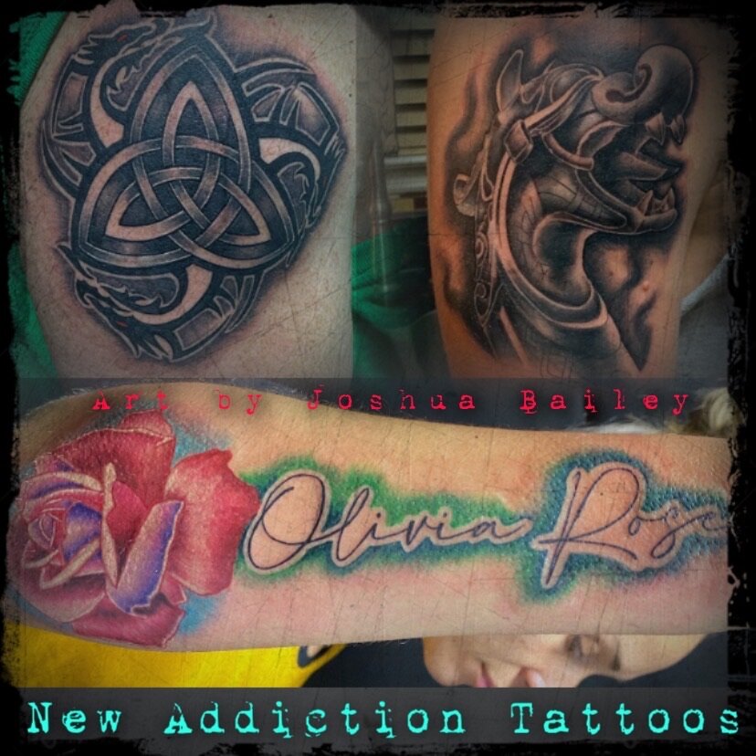 Collage of Celtic Knot, Viking Ship Bow and Rose with Script