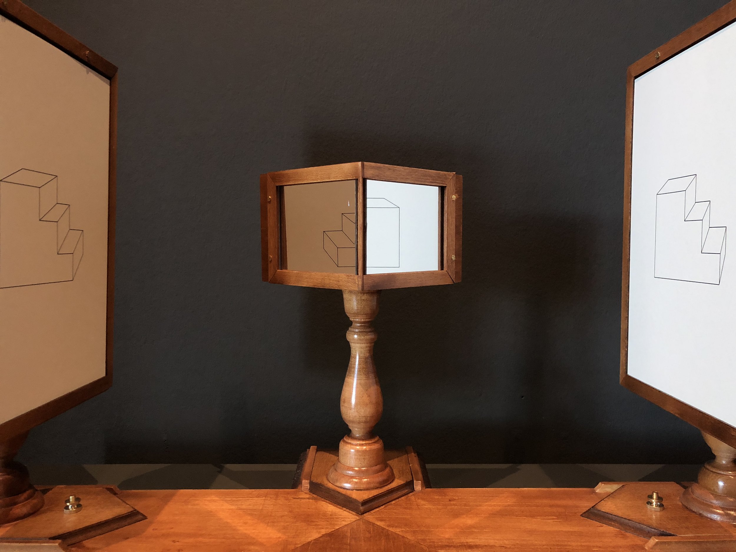 In the 1830s Charles Wheatstone invented the "stereoscope" to demonstrate that two slightly dissimilar diagrams can be resolved by the eyes and brain into a single volumetric image that does not correspond to a physical object in the world.