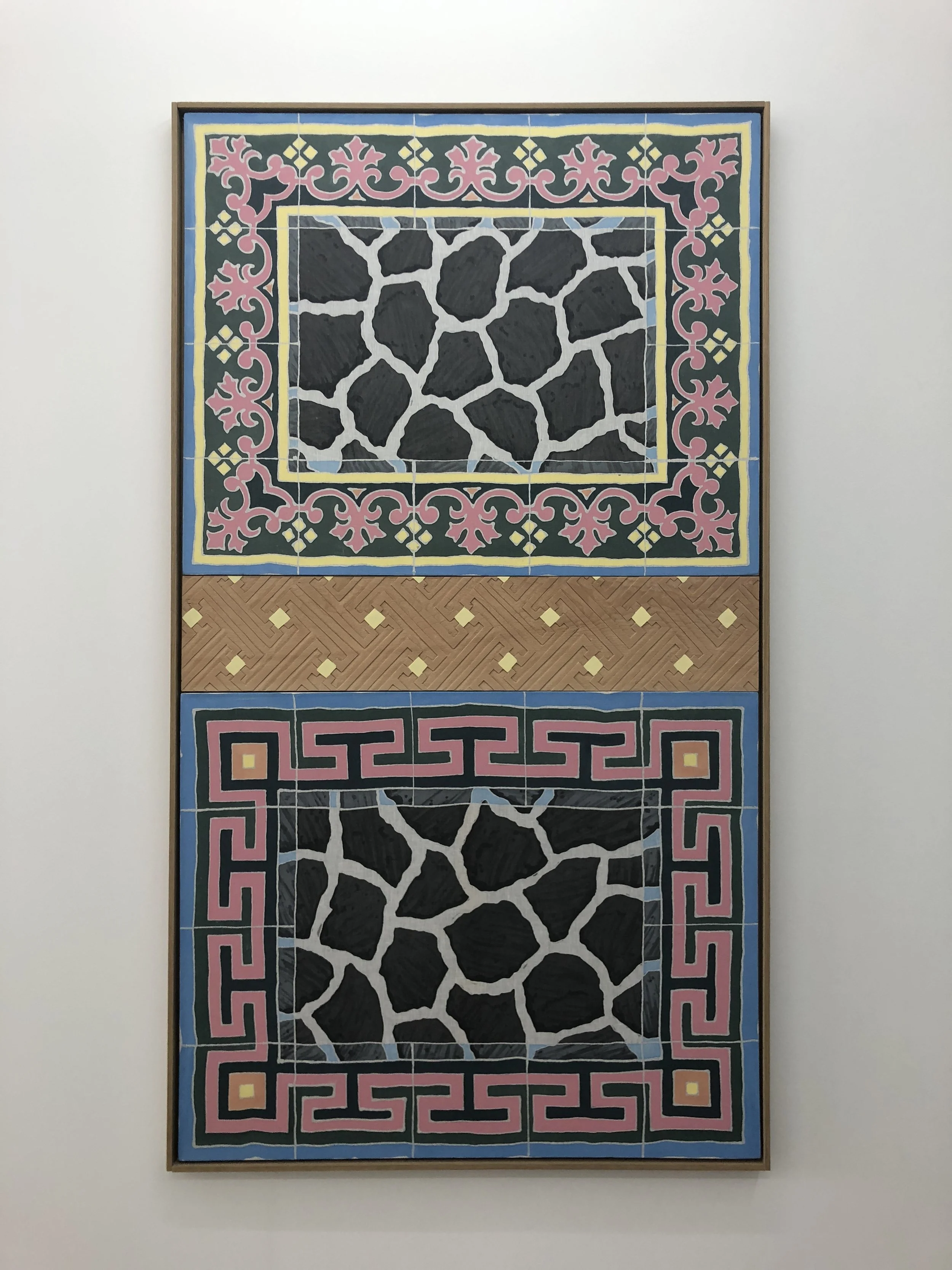 Narsisis San Pedro, 2018, wax-resist acrylic paint and rabbit skin glue on linen, hand carved teak frame, 72.25 x 40.75 x 1.5 inches.