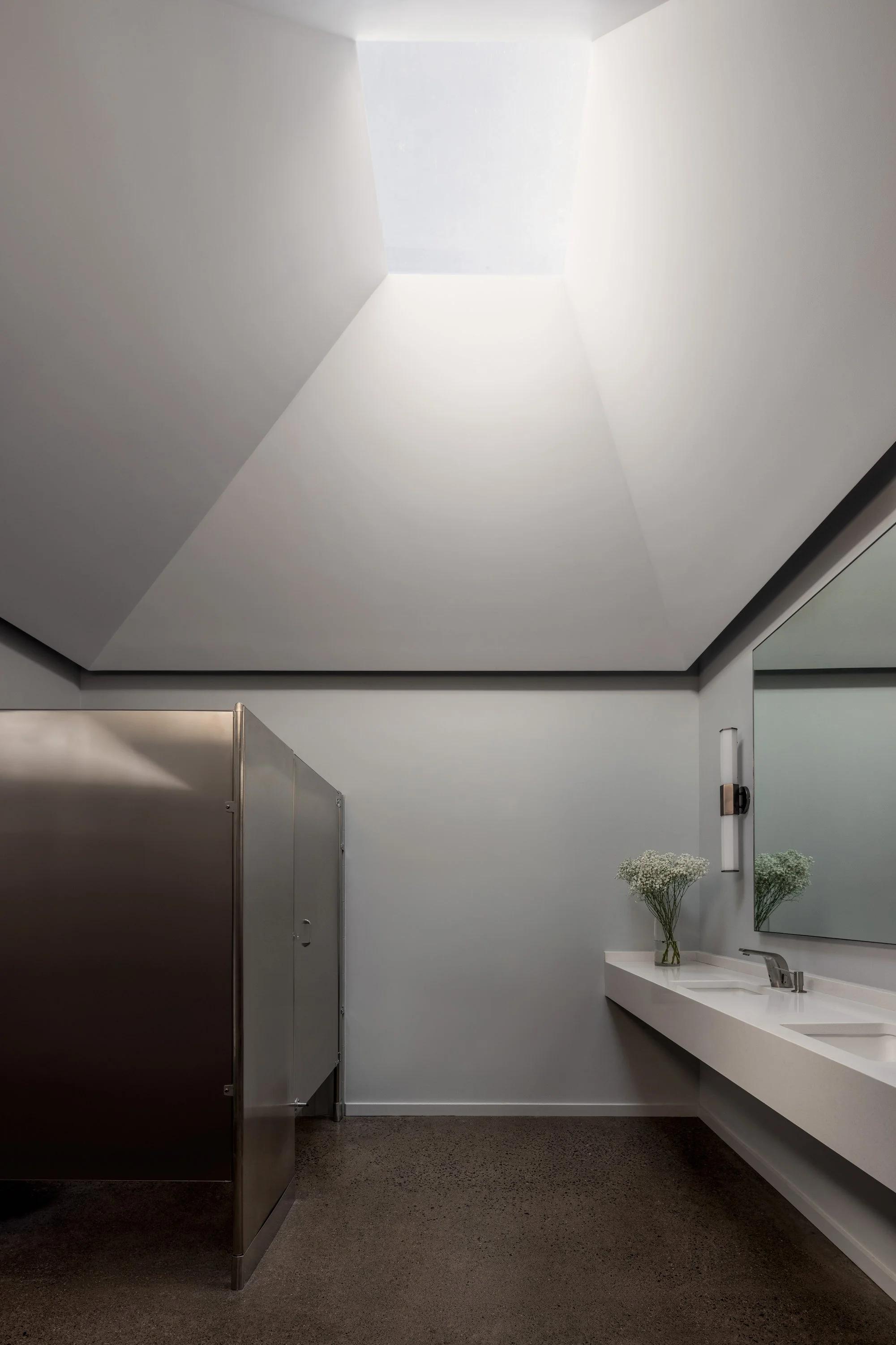 Interior of a modern bathroom with a white sink, a mirror, a water fixture, a vase with white flowers, and a wall-mounted light fixture, with a ceiling skylight and gray carpeted floor.