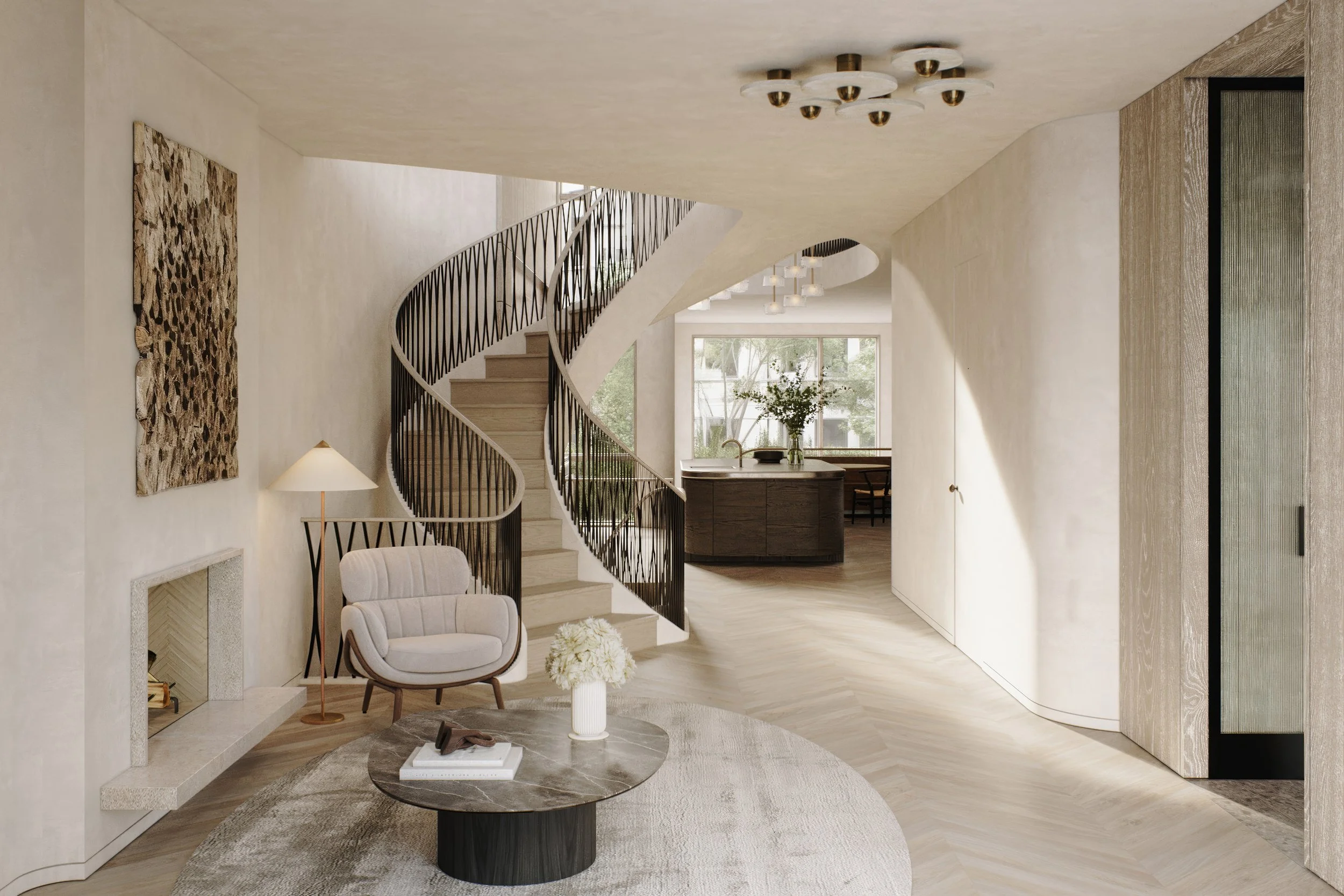 Modern living room with curved staircase, white armchair, side table with flowers, fireplace, and large window showing greenery outside.