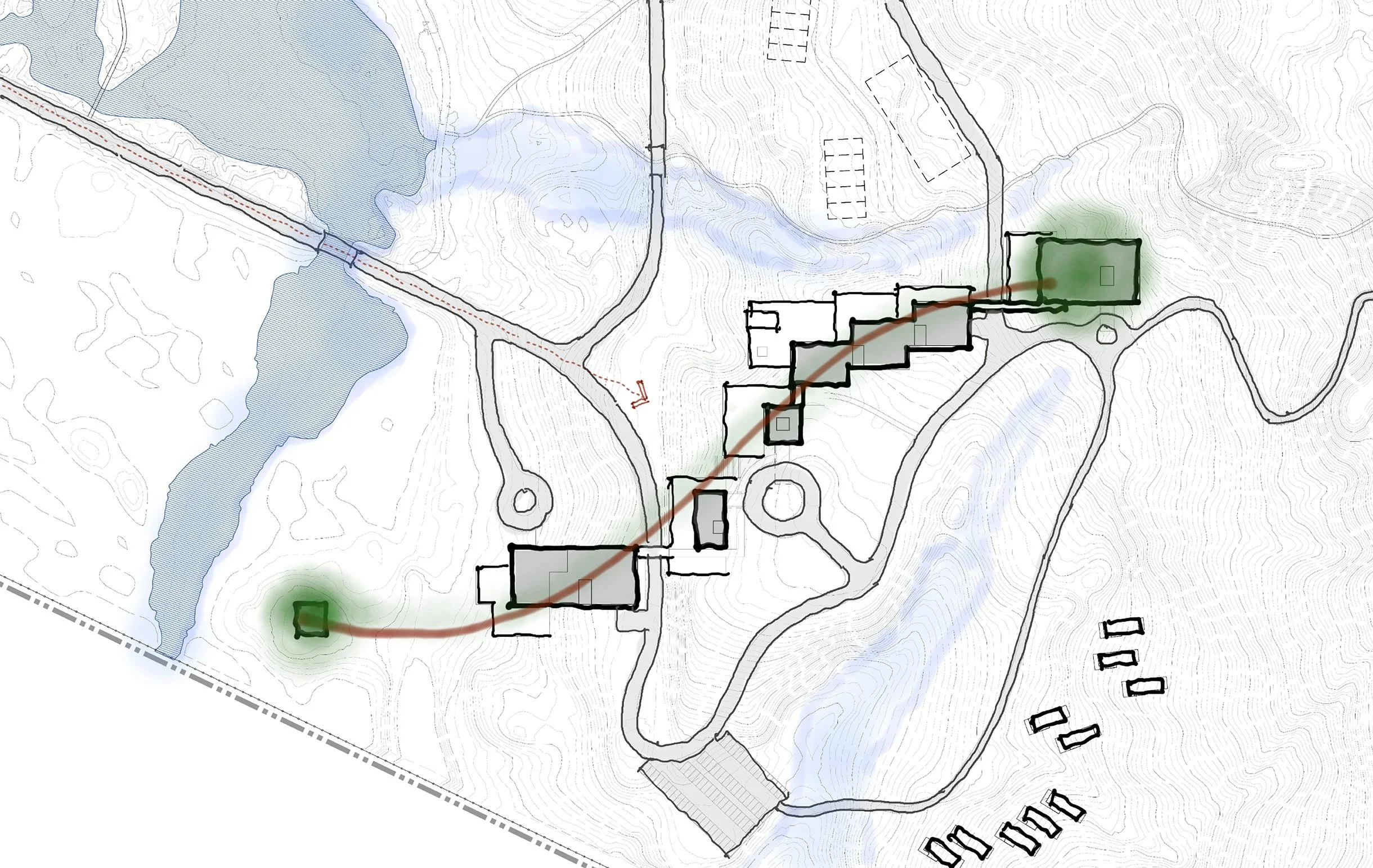 Site plan showing buildings, roads, water features, and topographical contours with landscape features highlighted in green and blue, and roads and structures outlined in black and gray.