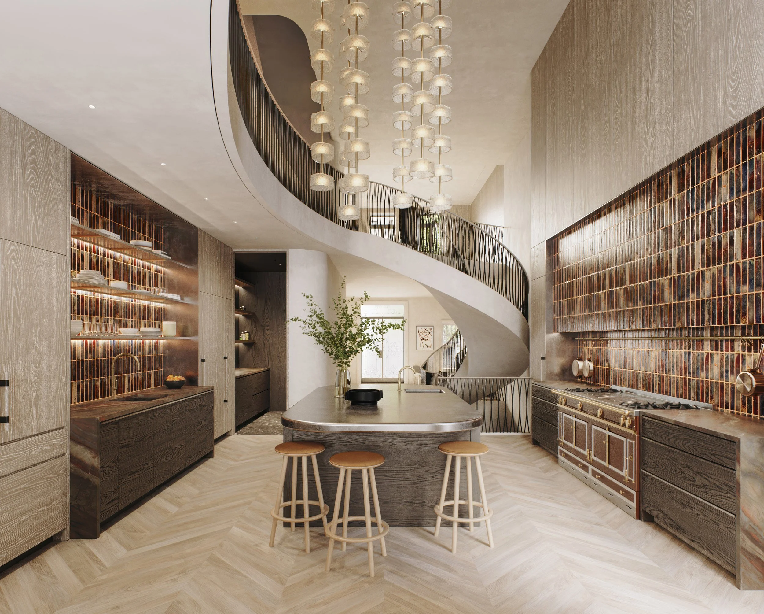 A modern kitchen with a curved staircase, a large chandelier, wood cabinets, a kitchen island with stools, and a backsplash with colorful tiles.