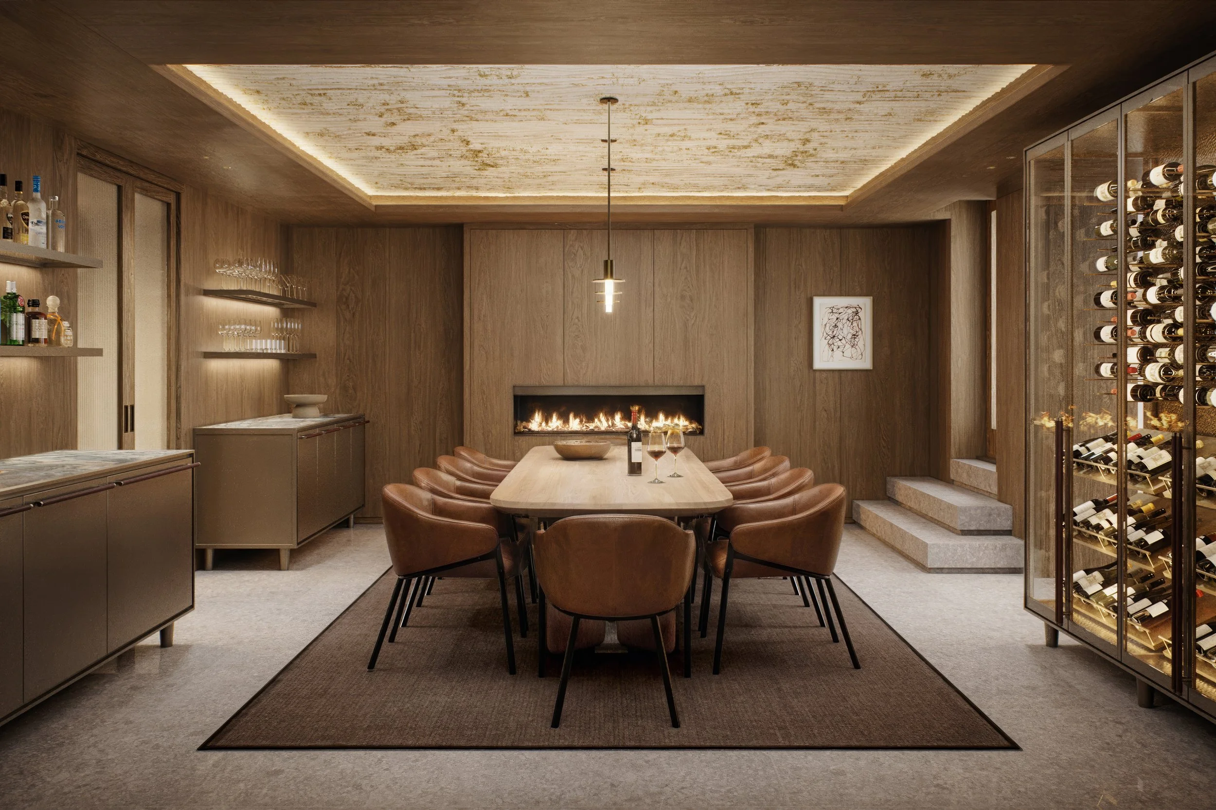 Elegant dining room with a wooden table, leather chairs, and a modern fireplace on the back wall. Shelves with glassware and bottles, wine storage on the right, and a framed abstract art piece on the wall.
