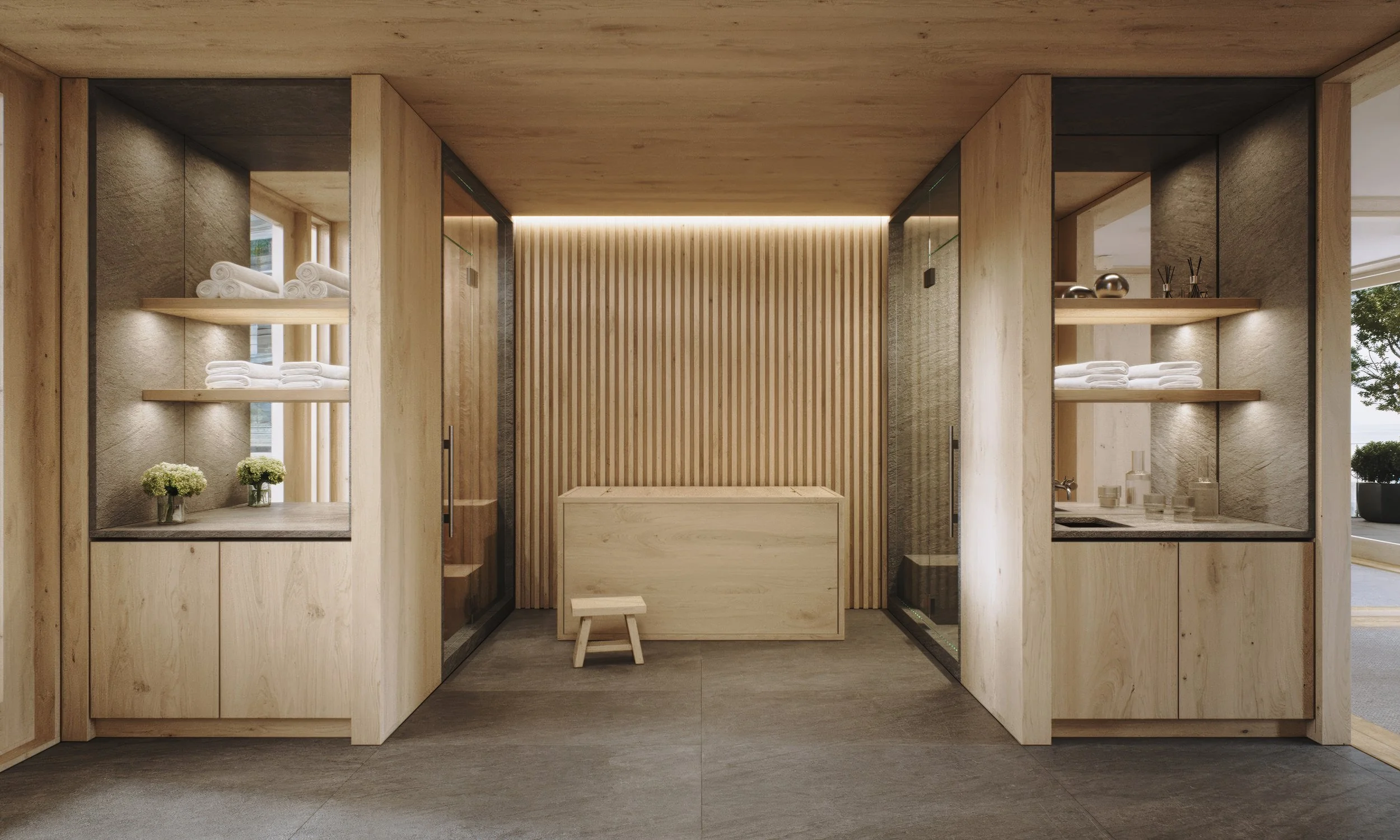Modern wooden interior with shelves of rolled towels and decorative items, a small wooden bench, and a textured wall.