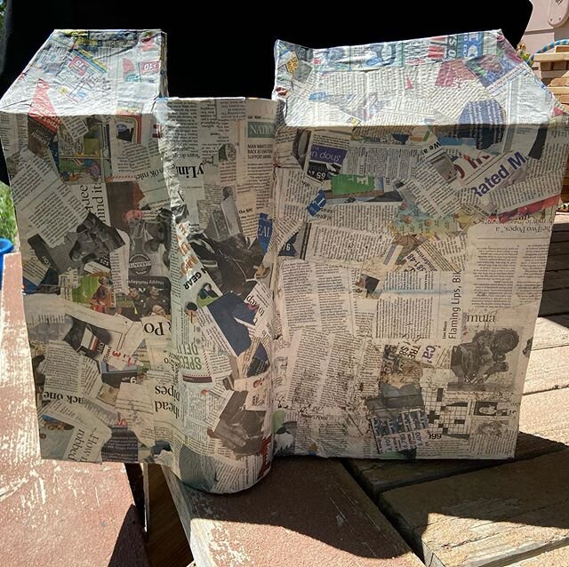 Work in progress: Papier mache (aka &quot;pooper mucky&quot;) story house. Key benefits of Papier mache include: peace among nations (siblings), random scraps of amazing news headlines, and keeping myself and some children busy. 
#papiermache #brucec