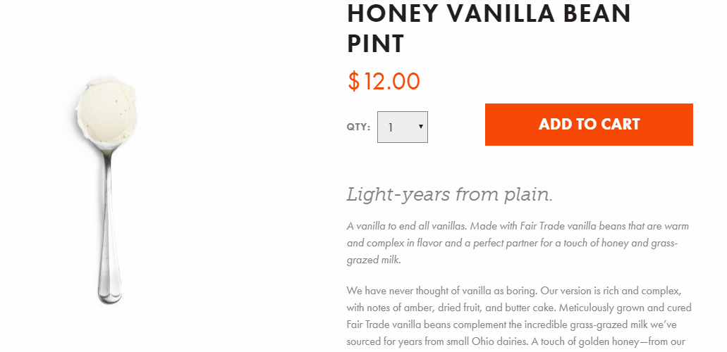 Jeni’s Honey Vanilla Bean copy gets started with an attention getting line that’s in a larger italicized font.