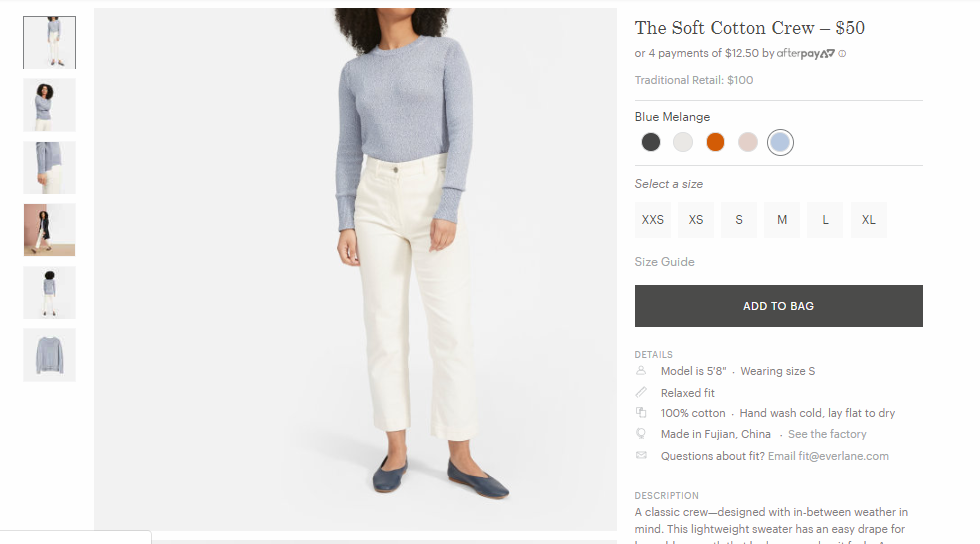 Everlane’s Soft Cotton Crew copy includes helpful details about fit and origin, along with photos that show the item from all angles.