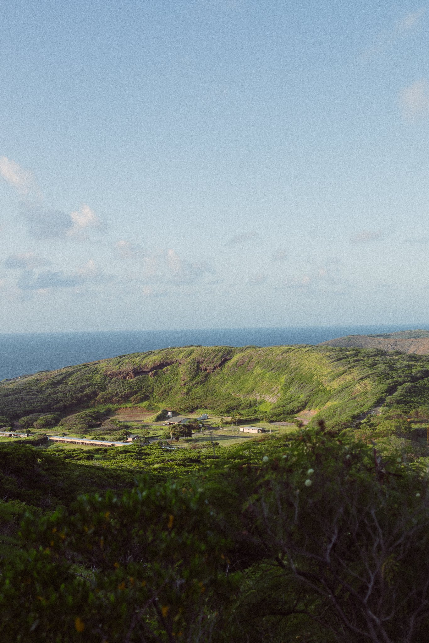 Scenic view of lush green hills, scattered buildings, and distant ocean under a clear blue sky.