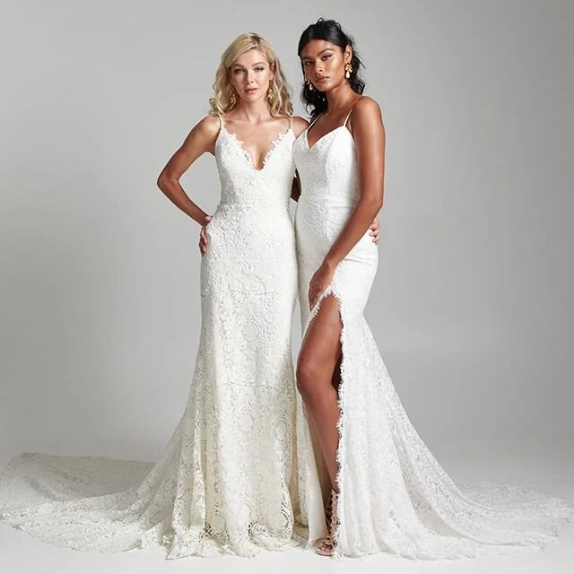 Lace wedding dresses with open backs are available at Arizona bridal shop, Neue Bride in Mesa, Arizona!