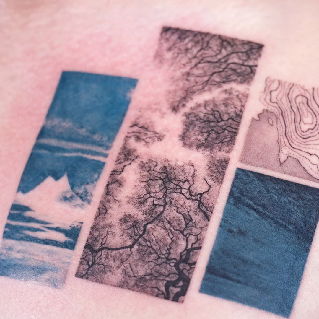 Fineline tattoo of textures from his travels