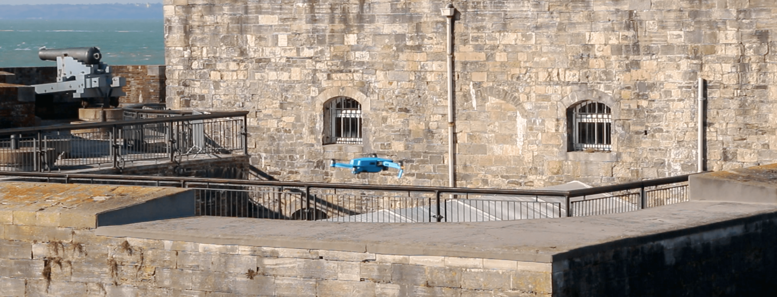 ONE OF OUR DRONES NEAR SOUTHSEA CASTLE, BRANDED IN SOLENT SKY SERVICES BLUE !
