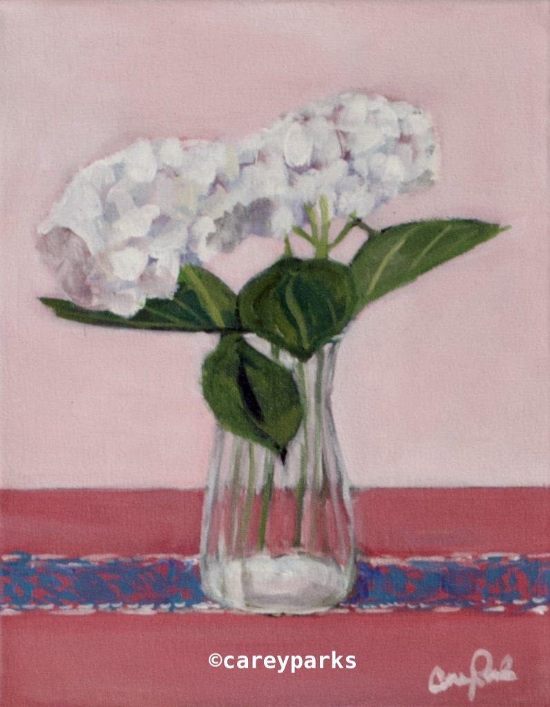 Two White Flowers
 
14"h x 11"w x .75"d, acrylic on canvas. Home Studio. Ugallery.com for info