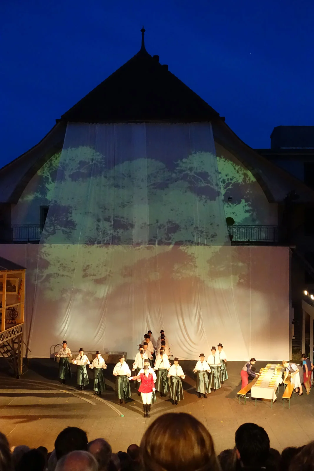 Der übergrosse Vorhang wird zum Hauptakteur des Bühnenbildes und das Gebäude erlangt eine neue Massstäblichkeit.