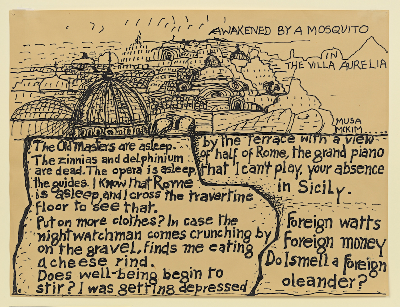 Philip Guston, "Awakened by a Mosquito", circa 1972-1975, collaborative poem-picture with wife Musa McKim, ink on paper. Photo by Genevieve Hanson.