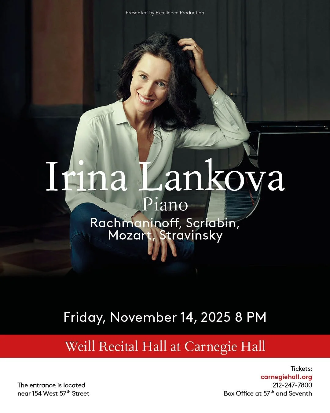 So excited to be back in NYC soon! 
Carnegie Hall &ndash; November 14
Rachmaninoff &middot; Scriabin &middot; Mozart &middot; Stravinsky
🎟️ Tickets available online: carnegiehall.org/Calendar/2025/11/14/Irina-Lankova-Piano-0800PM or at the Box Offic