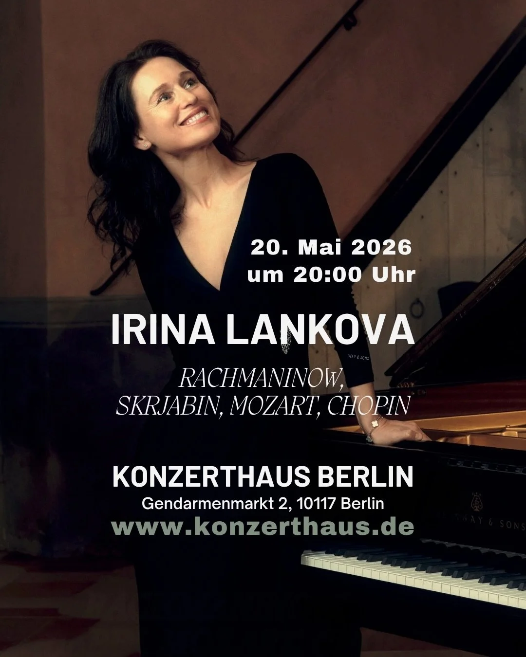 Konzerthaus Berlin on May 20, I very much look forward to seeing you there!

Address: Gendarmenmarkt 2, 10117 Berlin
Tickets: www.konzerthaus.de - the link is in the bio 
.
.
#irinalankova #classicalmusic #concertpianist #pianoconcert #berlin
