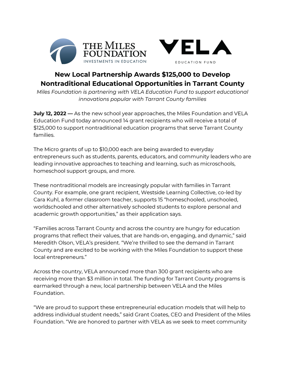 Vela Education Fund Grantee Awardees + July 28th Event