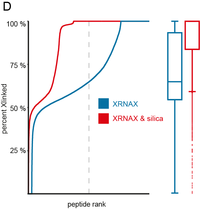 Figure S1D of the Cell manuscript. Same amounts of UV-crosslinked and non-crosslinked cells with different SILAC labels were combined and subjected to XRNAX or XRNAX and silica enrichment. How much of a peptide comes from the UV-crosslinked channel is calculated with the formula Xlinked = (Xlink/control) / (Xlink/control +1).