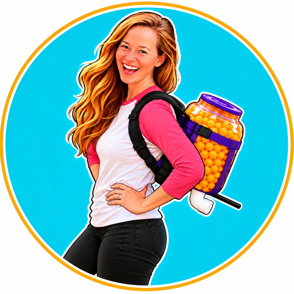 Molly Sanborn, the Cheese Ball Chick, wearing her cheese ball dispenser backpack