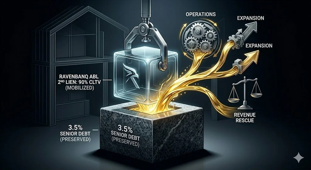Corey Rockafeler Analysis: A forensic visualization of high-leverage liquidity, showing a Ravenbanq ABL 2nd mortgage stacked on top of existing senior debt to mobilize cash flow for operations and expansion