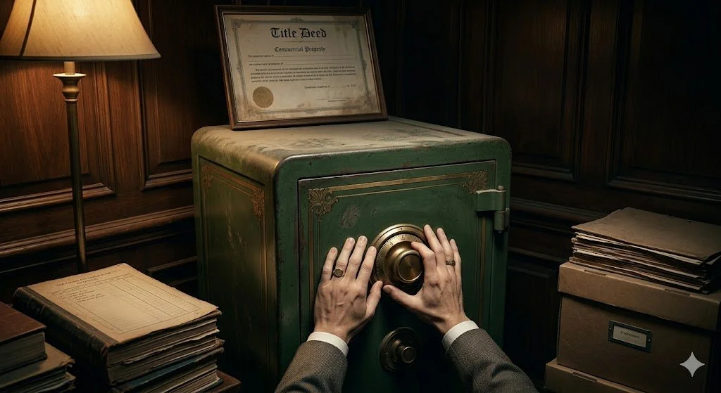 Corey Rockafeler Analysis: A visual metaphor for the psychological trap of safety, showing an antique safe covered in dust with hands clutching the closed dial, representing stagnant commercial real estate equity