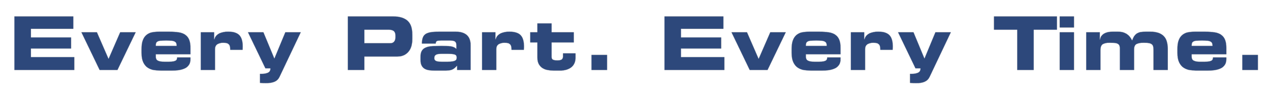 Text graphic with the words 'Every Part. Every Time.' in blue font on a black background.