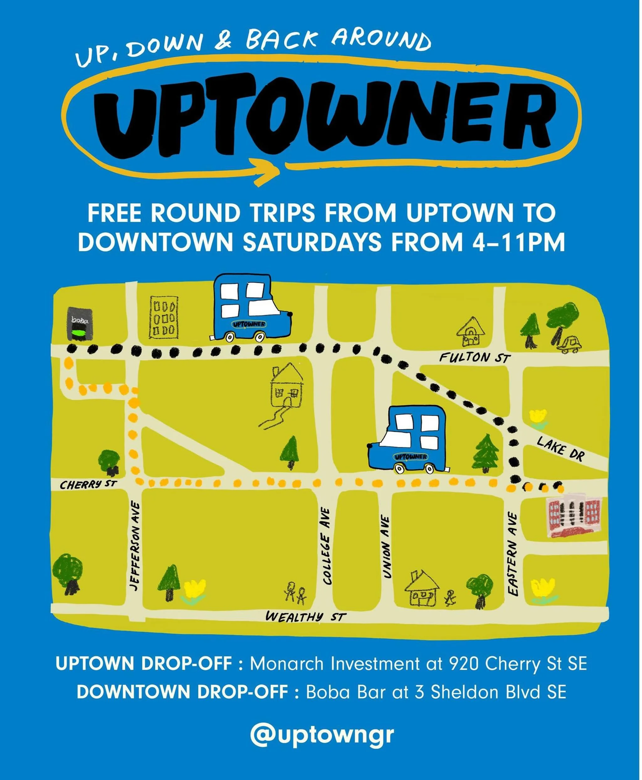 Now through August 8, The Uptowner (shuttle) will continue providing free transportation between Uptown and Downtown Grand Rapids every SATURDAY from 4 p.m. to 11 p.m! The trip takes between 10-15 minutes and did we mention it&rsquo;s FREE?! Swing by