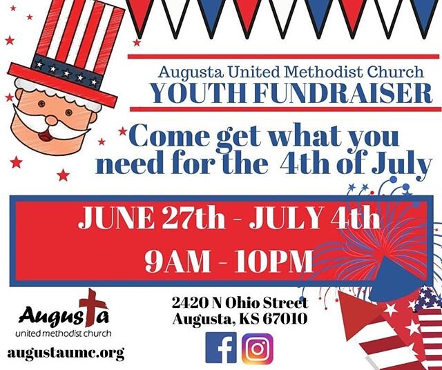 Come see us today for all your 4th of July needs! Several specials going on!

#aumcyouth #augustaumc #gpumc #greatplainsumc #unitedmethodistchurch