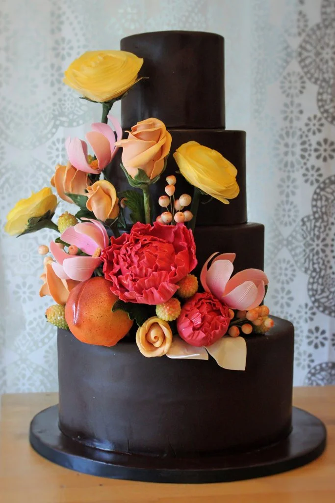 Black with Floral Wedding Cake